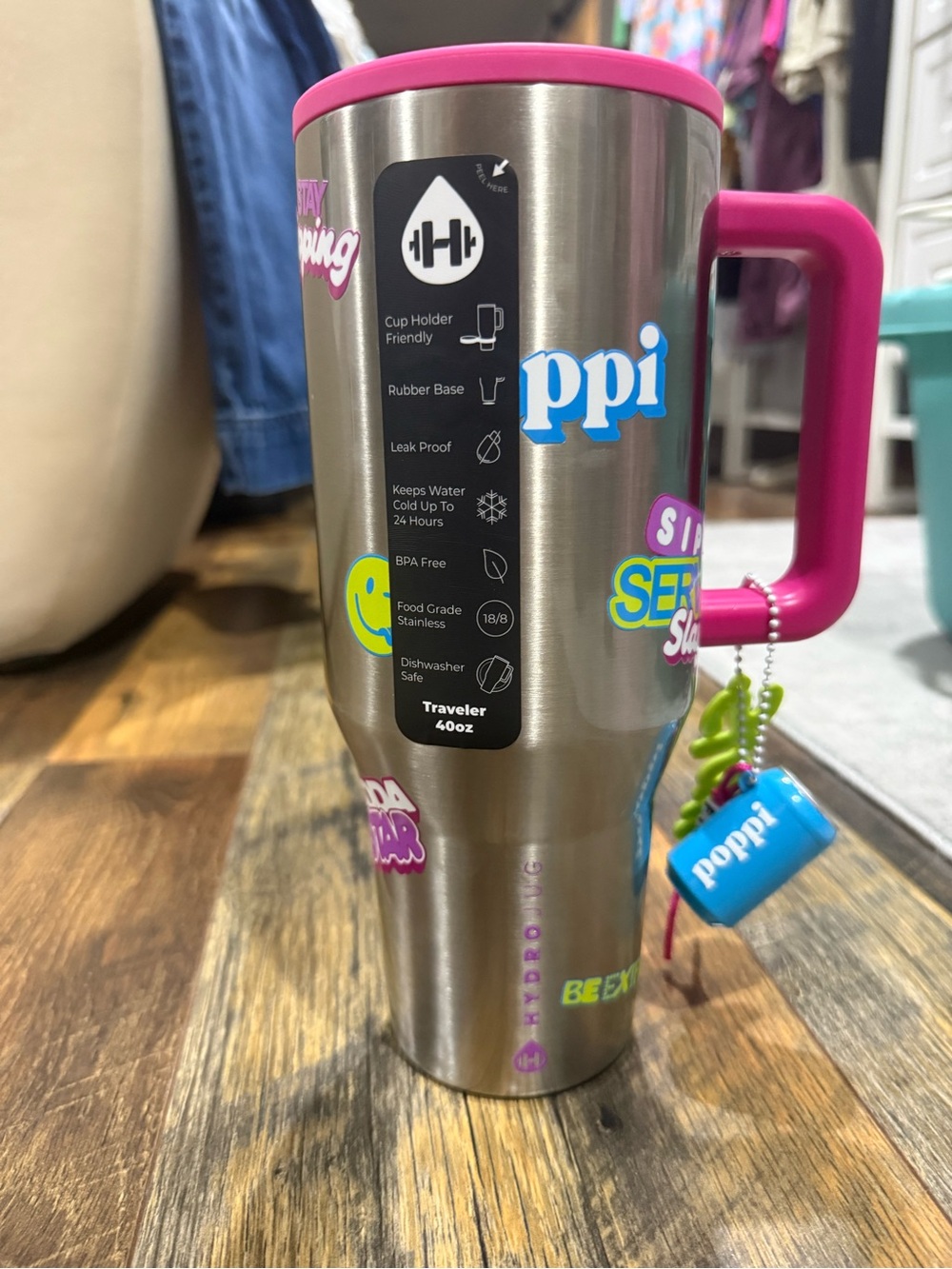 HydroJug x poppi Stainless Steel Travel Tumbler with Pink Handle and Lid 40 oz